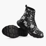 Casual Leather Chunky Boots Black and White Cats Art