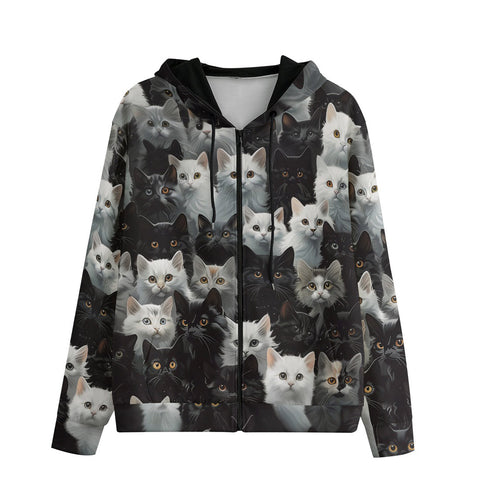 Men's Zip Up Hoodie Black and White Cats Art