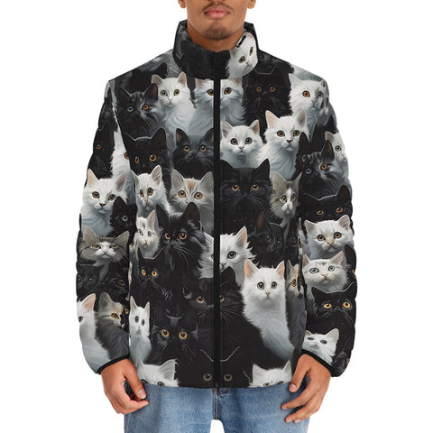 Down-Padded Puffer Jacket Black and White Cats Art