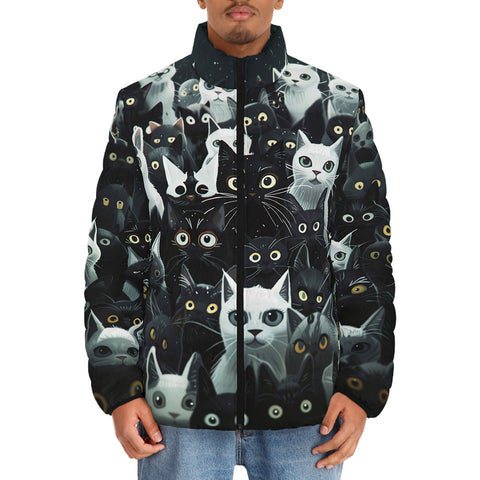 Down-Padded Puffer Jacket Black and White Cats Art