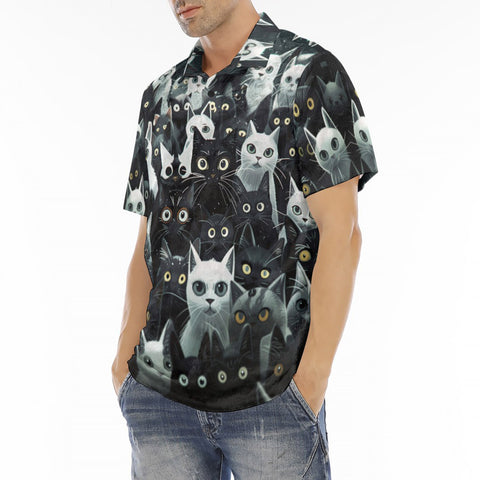 Men's Polo Shirt Black and White Cats Art