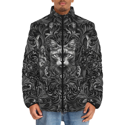 Down-Padded Puffer Jacket Gray Cats Collage