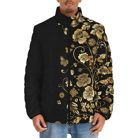 Down-Padded Puffer Jacket Side Flowers Golden Ornament