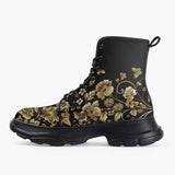 Casual Leather Chunky Boots Side Flowers Golden Ornament