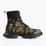 Casual Leather Chunky Boots Side Flowers Golden Ornament