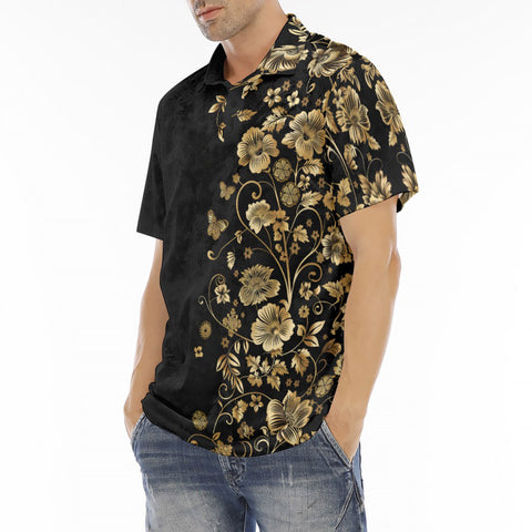 Men's Polo Shirt Side Flowers Golden Ornament