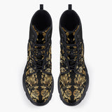 Casual Leather Chunky Boots Side Flowers Golden Ornament