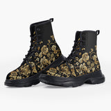 Casual Leather Chunky Boots Side Flowers Golden Ornament