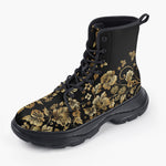 Casual Leather Chunky Boots Side Flowers Golden Ornament