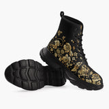 Casual Leather Chunky Boots Side Flowers Golden Ornament