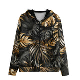 Men's Zip Up Hoodie Black and Gold Tropical Leaves