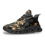 Sports Mesh Sneakers Black and Gold Tropical Leaves