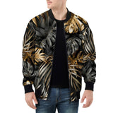 Bomber Jacket Black and Gold Tropical Leaves