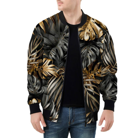 Bomber Jacket Black and Gold Tropical Leaves