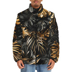 Down-Padded Puffer Jacket Black and Gold Tropical Leaves