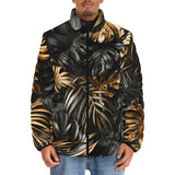 Down-Padded Puffer Jacket Black and Gold Tropical Leaves