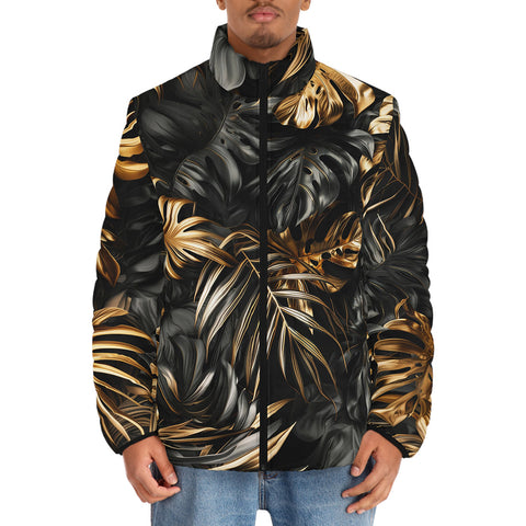 Down-Padded Puffer Jacket Black and Gold Tropical Leaves