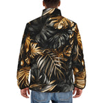 Down-Padded Puffer Jacket Black and Gold Tropical Leaves