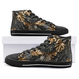 High-Top Canvas Shoes Black and Gold Tropical Leaves