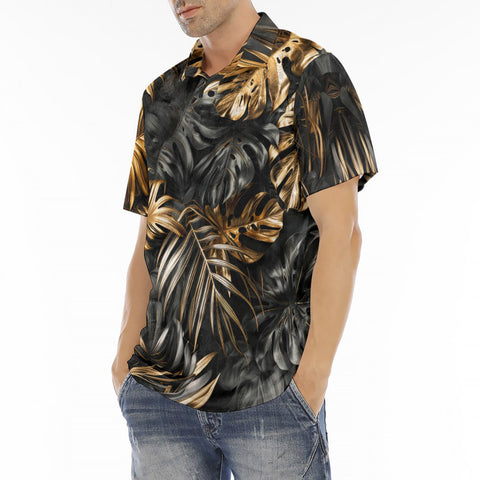 Men's Polo Shirt Black and Gold Tropical Leaves