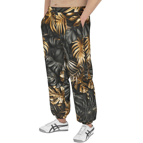Men's Sweatpants Black and Gold Tropical Leaves