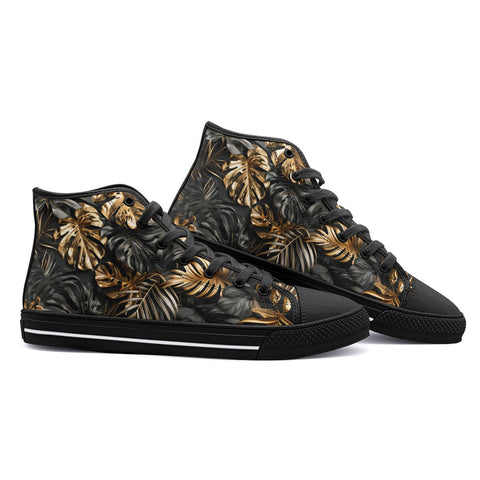 High-Top Canvas Shoes Black and Gold Tropical Leaves