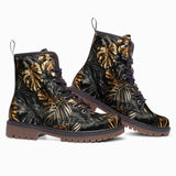 Leather Boots Black and Gold Tropical Leaves