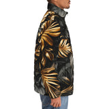 Down-Padded Puffer Jacket Black and Gold Tropical Leaves