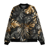 Bomber Jacket Black and Gold Tropical Leaves