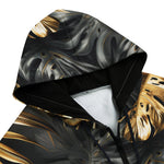 Men's Zip Up Hoodie Black and Gold Tropical Leaves