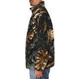 Down-Padded Puffer Jacket Black and Gold Tropical Leaves