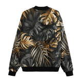 Bomber Jacket Black and Gold Tropical Leaves