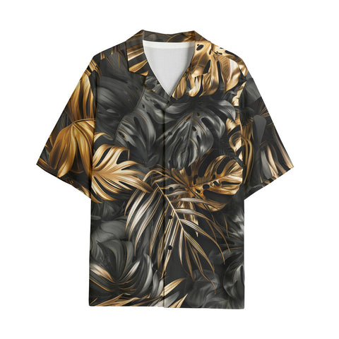 Hawaiian Shirt Black and Gold Tropical Leaves