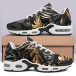 Air Cushion Sneakers Black and Gold Tropical Leaves