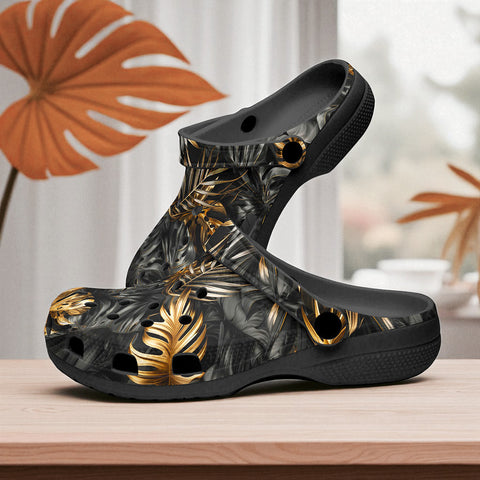 Classic Clogs Black and Gold Tropical Leaves