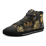 High-Top Canvas Shoes Black and Gold Tropical Leaves