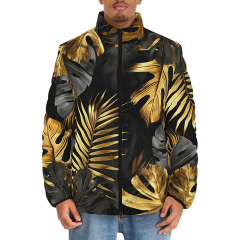Down-Padded Puffer Jacket Black and Gold Tropical Leaves