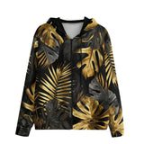 Men's Zip Up Hoodie Black and Gold Tropical Leaves