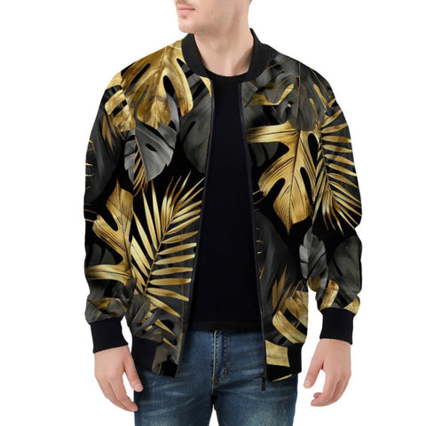 Bomber Jacket Black and Gold Tropical Leaves