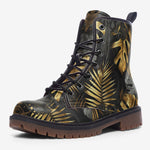 Leather Boots Black and Gold Tropical Leaves