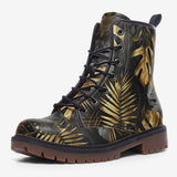 Leather Boots Black and Gold Tropical Leaves