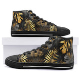 High-Top Canvas Shoes Black and Gold Tropical Leaves