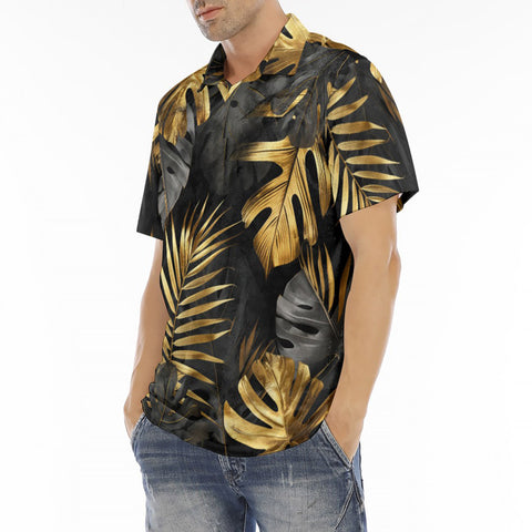 Men's Polo Shirt Black and Gold Tropical Leaves