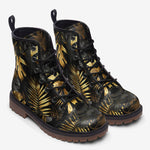 Leather Boots Black and Gold Tropical Leaves