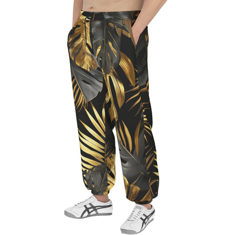 Men's Sweatpants Black and Gold Tropical Leaves