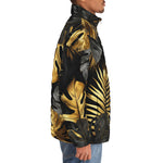 Down-Padded Puffer Jacket Black and Gold Tropical Leaves