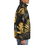 Down-Padded Puffer Jacket Black and Gold Tropical Leaves