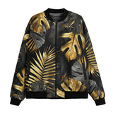 Bomber Jacket Black and Gold Tropical Leaves