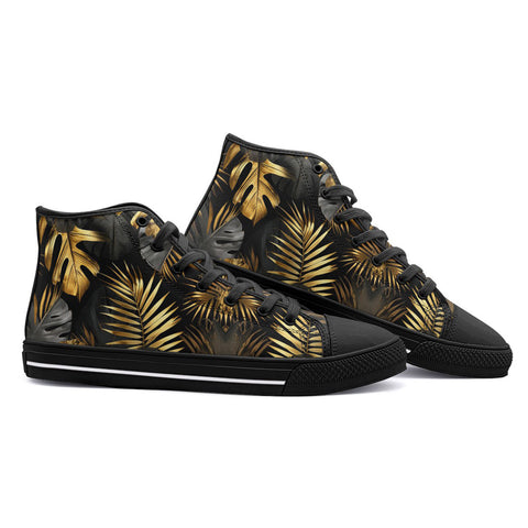 High-Top Canvas Shoes Black and Gold Tropical Leaves