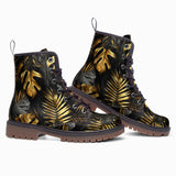 Leather Boots Black and Gold Tropical Leaves